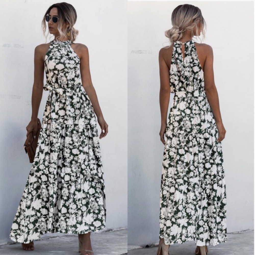 Boho floral print belted halter spring dress - Picture 4 of 6